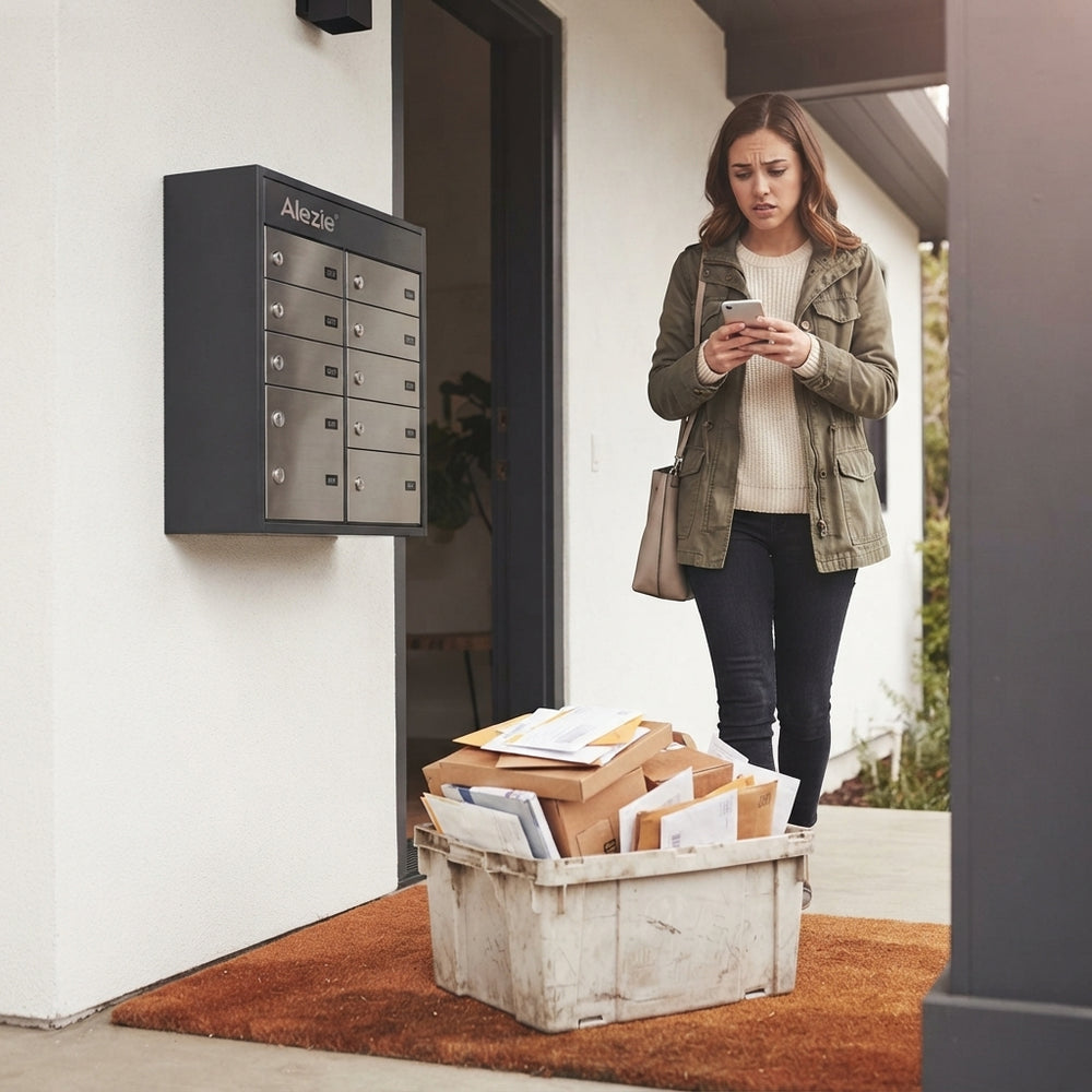 A person looking worried at a porch with overflowing, insecure mail in an open bin near a secure wall-mounted mailbox.