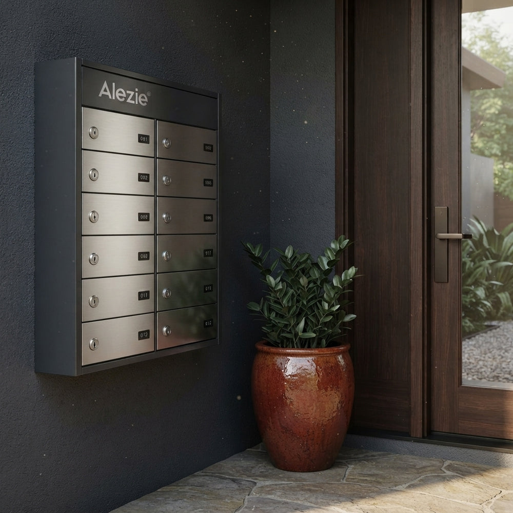 A modern, locking metal Alezie mail safe box mounted on a dark gray wall next to a burnt sienna plant pot at a home entrance.